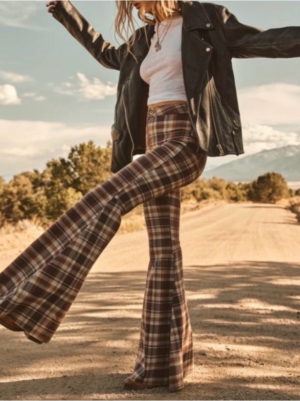 Free People Brown Plaid Boot-Cut Flare Pants